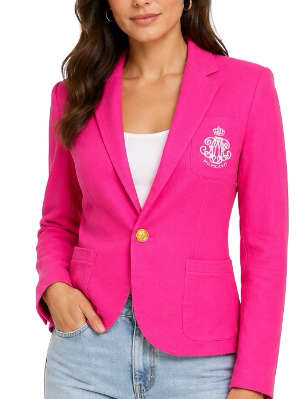 Ralph Lauren Sport Hot Pink Embroidered Crown Crest Blazer - Size 14